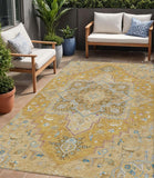 5' X 8' Gold Beige And Blue Oriental Washable Indoor Outdoor Area Rug