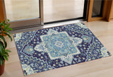 3' X 5' Navy Blue Ivory And Black Oriental Washable Indoor Outdoor Area Rug