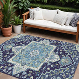 8' X 10' Navy Blue Ivory And Black Oriental Washable Indoor Outdoor Area Rug