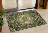 3' X 5' Olive Green Ivory And Brown Oriental Washable Indoor Outdoor Area Rug