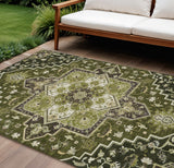 8' X 10' Olive Green Ivory And Brown Oriental Washable Indoor Outdoor Area Rug
