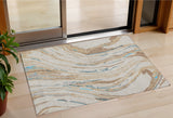 3' X 5' Beige Teal Blue And Ivory Abstract Washable Indoor Outdoor Area Rug