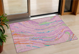 3' X 5' Pink Green And Teal Blue Abstract Washable Indoor Outdoor Area Rug