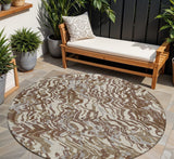 8' Brown Beige And Gray Round Abstract Washable Indoor Outdoor Area Rug