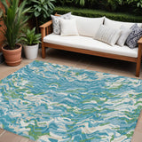 8' X 10' Teal Blue Ivory And Green Abstract Washable Indoor Outdoor Area Rug