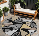8' Black Beige And Gray Round Geometric Washable Indoor Outdoor Area Rug