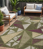 5' X 8' Olive Green Ivory And Burgundy Geometric Washable Indoor Outdoor Area Rug