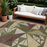 8' X 10' Olive Green Ivory And Burgundy Geometric Washable Indoor Outdoor Area Rug