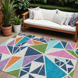 8' X 10' Dark Blue Green And Pink Geometric Washable Indoor Outdoor Area Rug