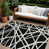 8' X 10' Black And Ivory Geometric Washable Indoor Outdoor Area Rug