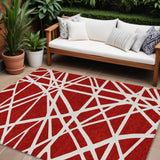 8' X 10' Red And Ivory Geometric Washable Indoor Outdoor Area Rug