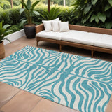 8' X 10' Teal Blue And Ivory Animal Print Washable Indoor Outdoor Area Rug