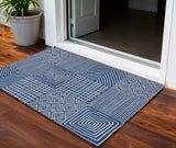 3' X 5' Navy Blue And Ivory Geometric Washable Indoor Outdoor Area Rug