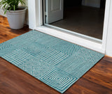 3' X 5' Teal Blue And Ivory Geometric Washable Indoor Outdoor Area Rug