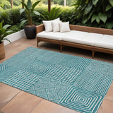 8' X 10' Teal Blue And Ivory Geometric Washable Indoor Outdoor Area Rug