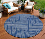 8' Navy Blue And Ivory Round Geometric Washable Indoor Outdoor Area Rug