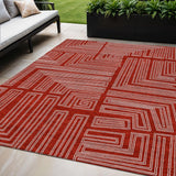 5' X 8' Red And Ivory Geometric Washable Indoor Outdoor Area Rug