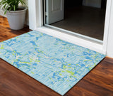 3' X 5' Sky Blue Green And Ivory Striped Washable Indoor Outdoor Area Rug