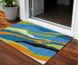 3' X 5' Denim Blue Copper And Green Abstract Washable Indoor Outdoor Area Rug
