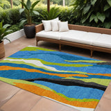 8' X 10' Denim Blue Copper And Green Abstract Washable Indoor Outdoor Area Rug