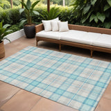 8' X 10' Aqua And Gray Plaid Washable Indoor Outdoor Area Rug