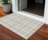 3' X 5' Linen And Brown Plaid Washable Indoor Outdoor Area Rug