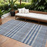 8' X 10' Navy Blue Ivory And Brown Plaid Washable Indoor Outdoor Area Rug