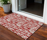 3' X 5' Red And Ivory Abstract Washable Indoor Outdoor Area Rug