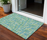 3' X 5' Turquoise Green And Ivory Abstract Washable Indoor Outdoor Area Rug