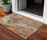 3' X 5' Khaki Brown And Blue Abstract Washable Indoor Outdoor Area Rug