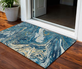 3' X 5' Navy Blue Gold And Ivory Abstract Washable Indoor Outdoor Area Rug