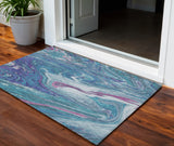 3' X 5' Teal Blue Purple And Pink Abstract Washable Indoor Outdoor Area Rug