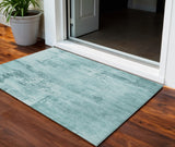 3' X 5' Teal Blue And Ivory Abstract Washable Indoor Outdoor Area Rug