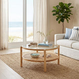 34" Clear and Natural Glass and Solid Wood Round Coffee Table With Shelf
