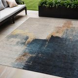 5' X 8' Taupe Black And Blue Abstract Washable Indoor Outdoor Area Rug