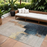 8' X 10' Taupe Black And Blue Abstract Washable Indoor Outdoor Area Rug