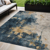 8' X 10' Blue Gray And Gold Abstract Washable Indoor Outdoor Area Rug