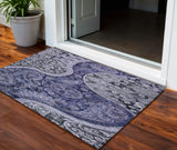 3' X 5' Navy Blue Gray And Green Floral Medallion Washable Indoor Outdoor Area Rug