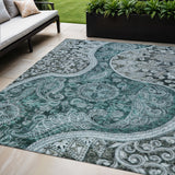 5' X 8' Teal Blue And Dark Green Floral Medallion Washable Indoor Outdoor Area Rug