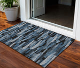 3' X 5' Blue Black And Gray Striped Washable Indoor Outdoor Area Rug
