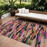 8' X 10' Pink Black And Green Striped Washable Indoor Outdoor Area Rug