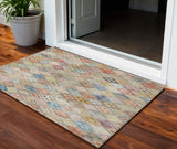 3' X 5' Terra Cotta Beige And Teal Blue Geometric Washable Indoor Outdoor Area Rug