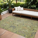 8' X 10' Artichoke Green Gray And Tan Damask Washable Indoor Outdoor Area Rug