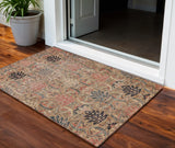 3' X 5' Khaki Terra Cotta And Black Damask Washable Indoor Outdoor Area Rug