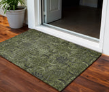 3' X 5' Olive Green And Charcoal Damask Washable Indoor Outdoor Area Rug