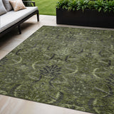 5' X 8' Olive Green And Charcoal Damask Washable Indoor Outdoor Area Rug