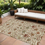 8' X 10' Ivory Brown And Red Floral Washable Indoor Outdoor Area Rug