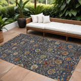 8' X 10' Navy Blue Brown And Red Floral Washable Indoor Outdoor Area Rug
