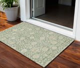 3' X 5' Artichoke Green And Beige Floral Washable Indoor Outdoor Area Rug