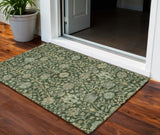 3' X 5' Green Tan And Gray Floral Washable Indoor Outdoor Area Rug